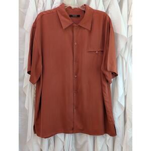 Direction Michael Brandon Silk Shirt Mens L Orange Herringbone SS Button Up